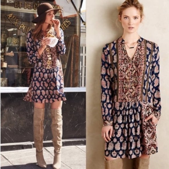 Anthropologie Dresses & Skirts - Anthropologie Tiny Boho Parquerette  Pleasant Mixed Floral Fall Dress MIDI Small